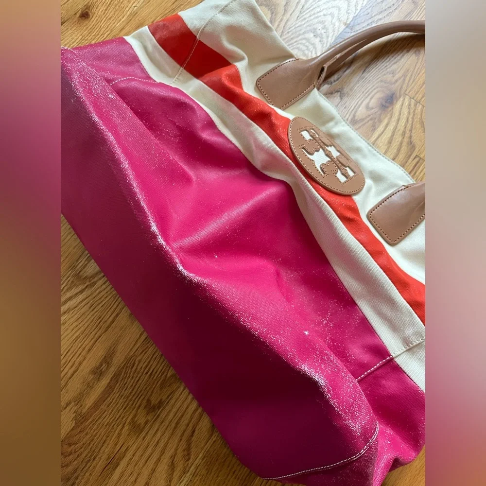 Tory Burch Pink and Cream Canvas Tote Bag